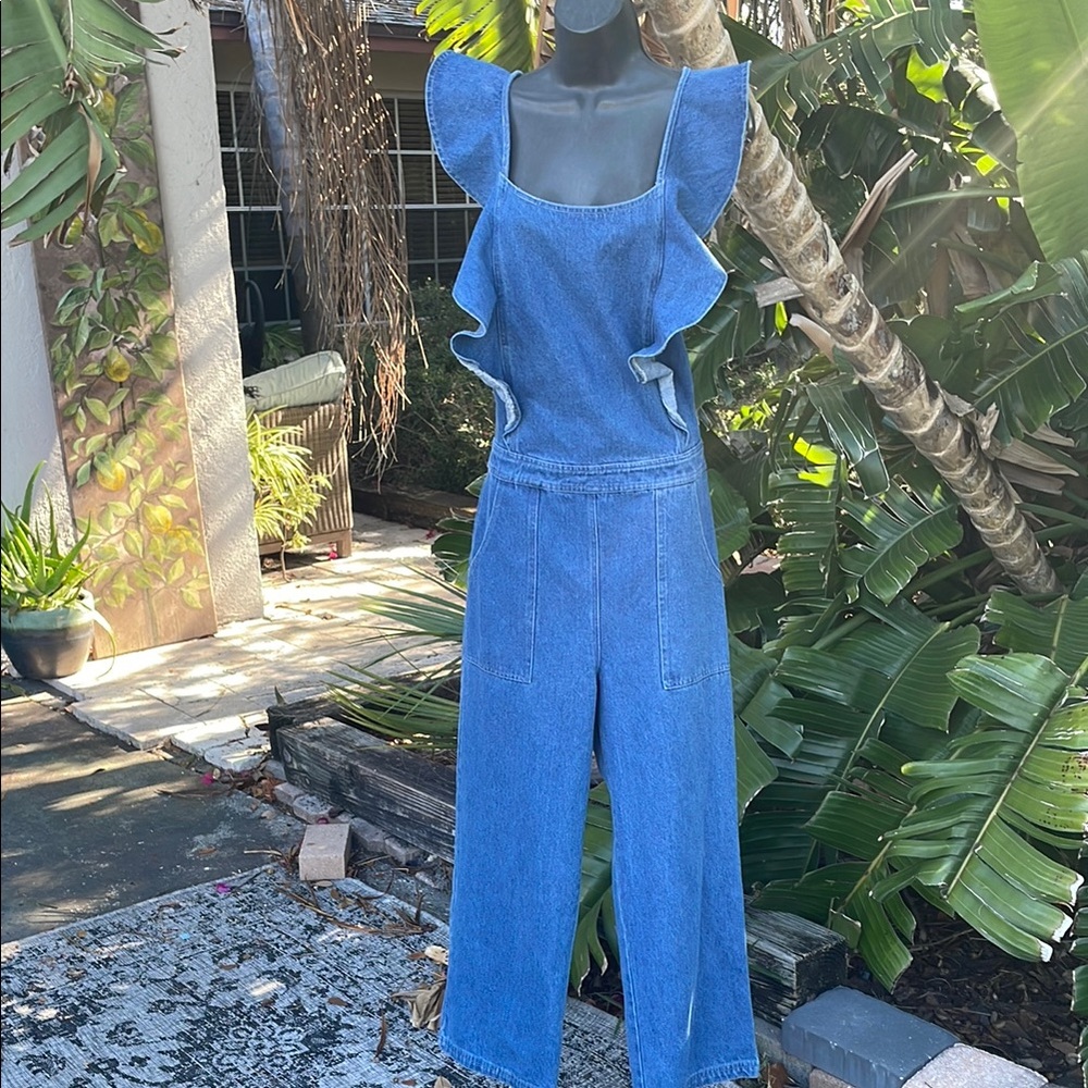 Sugar lips ruffled crop denim overall jumpsuit